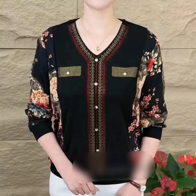 Женская шифоновая блузка с длинным рукавом и V-образным вырезом