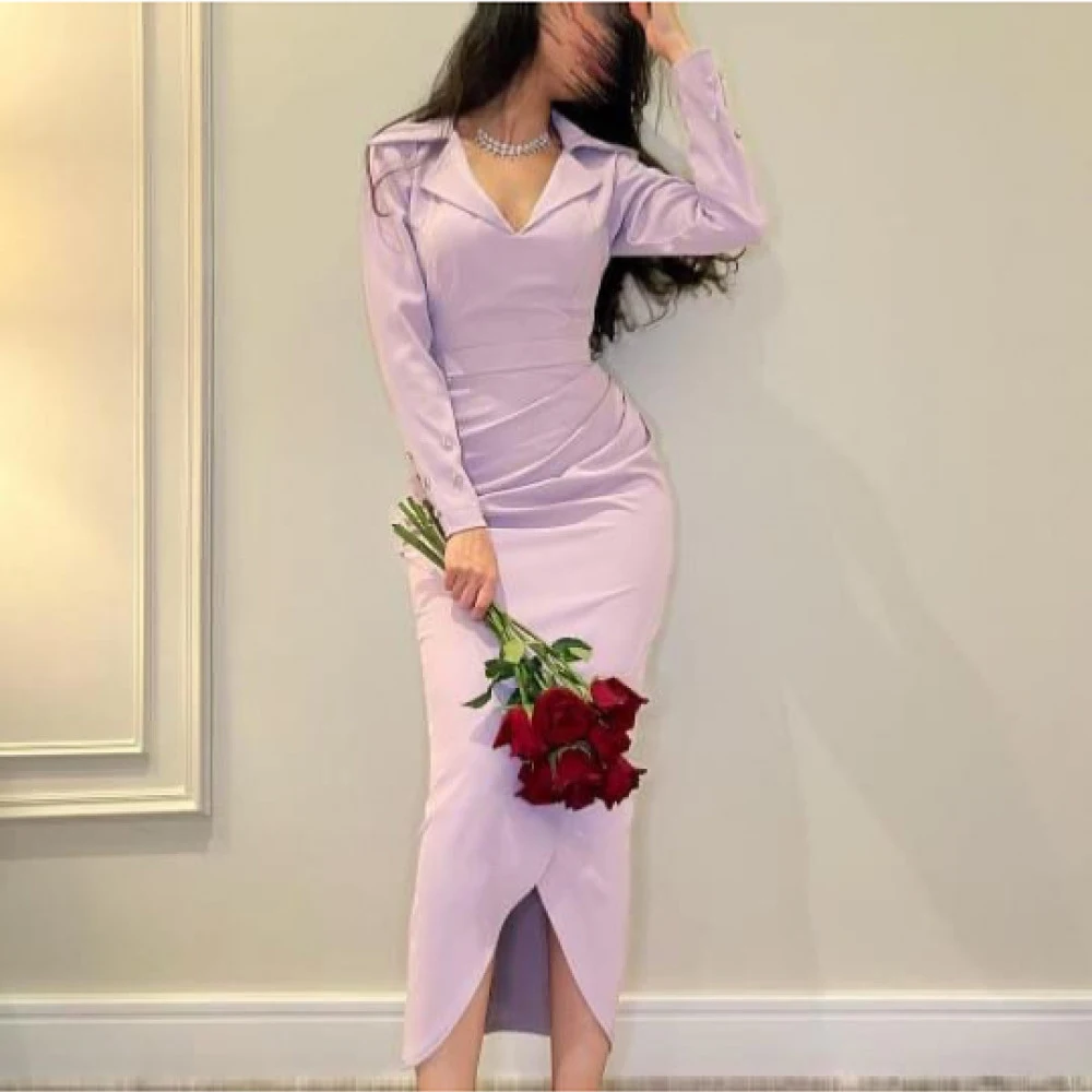 

Elegant Purple Chiffon V-neck Sheath Formal Occasion Prom Dresses Fold Anke Length Women Evening Party Dress