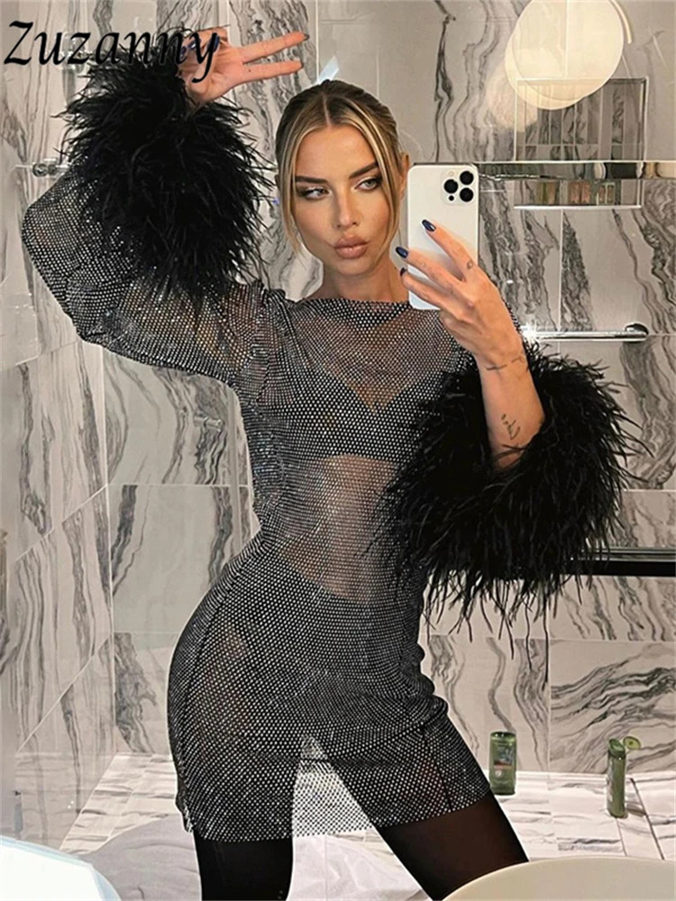 

Женское Сетчатое мини-платье Zuzanny, с перьями, пэчворк, с рукавом, осень 2022, прозрачные облегающие вечерние клубные платья, черная одежда
