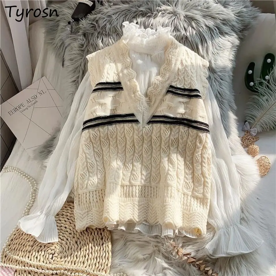 

Autumn Sweater Vest Women Striped Leisure Jacquard Ruffled 3XL V-neck Loose Outwear Knitted Tops Ins Korean Style Chic Clothing