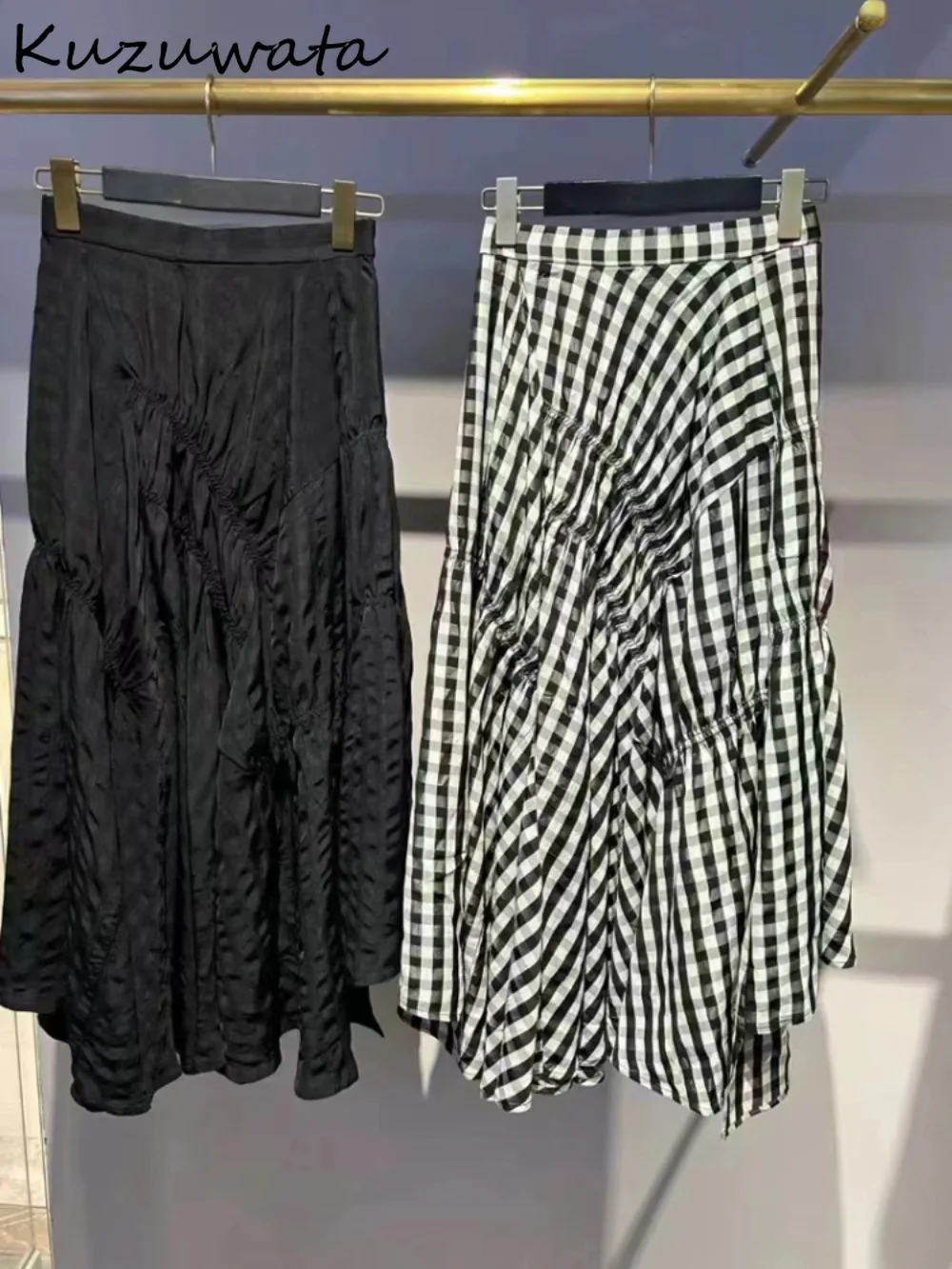 Новая юбка Kuzuwata в клетку средней длины с высокой талией подходящая ко всему