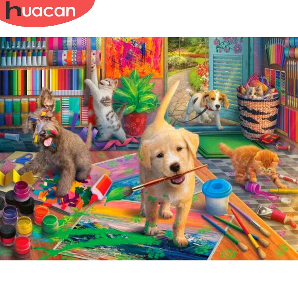

Алмазная картина «сделай сам» HUACAN, вышивка 5D с собакой, животное, полноразмерная круглая мозаика с изображением кошки, домашний декор