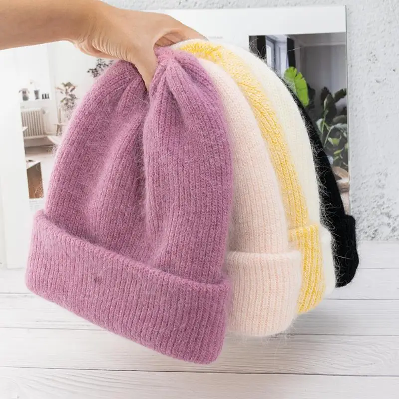 

Fashion Winter Hats for Women Angora Rabbit Fur Skullies Beanies Girl Solid Warm Cap Woolen Knitted Hats Ladies Female Bonnet