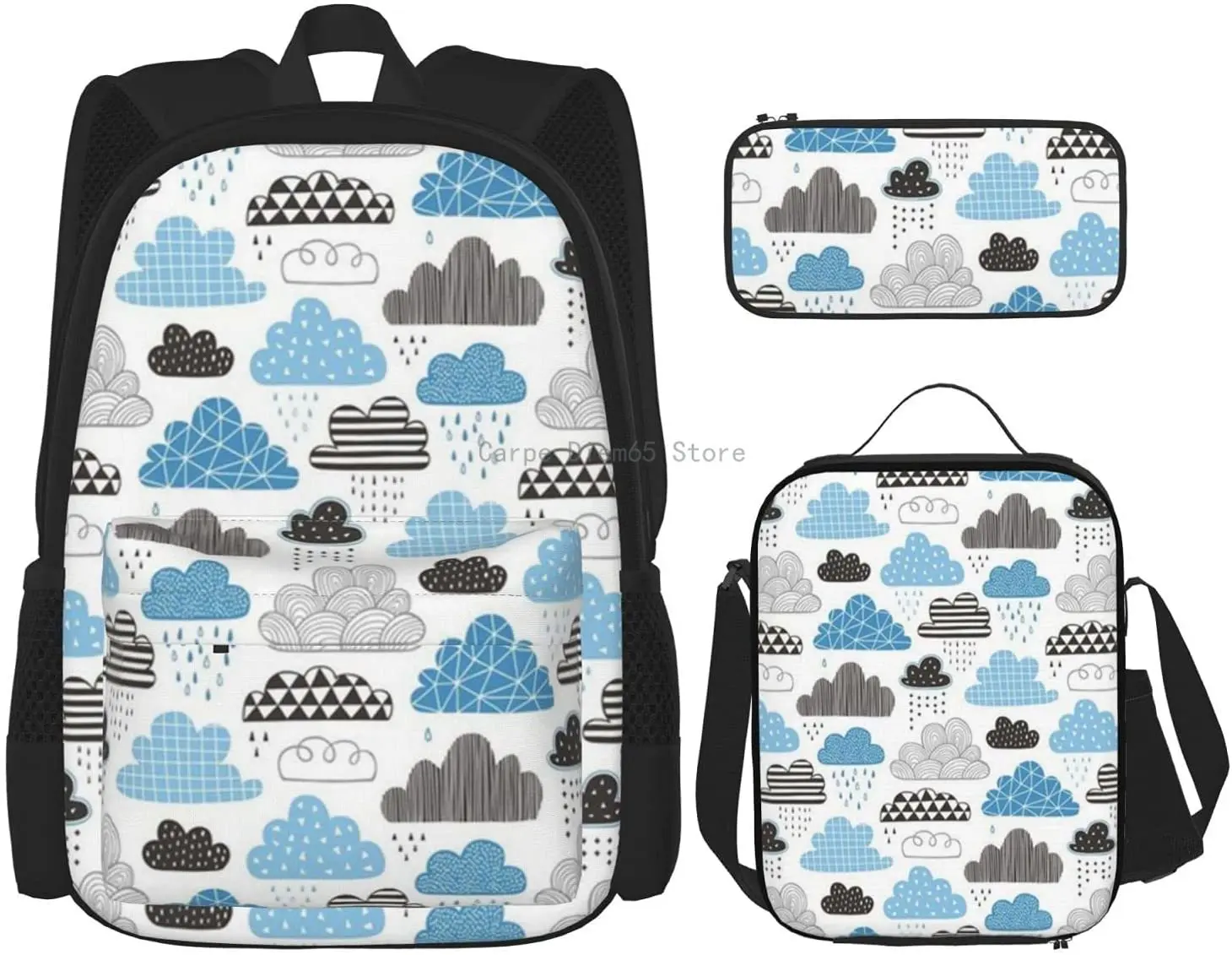 Комплект из 3 предметов: рюкзак с рисунком облаков, черный, белый, серый, синий