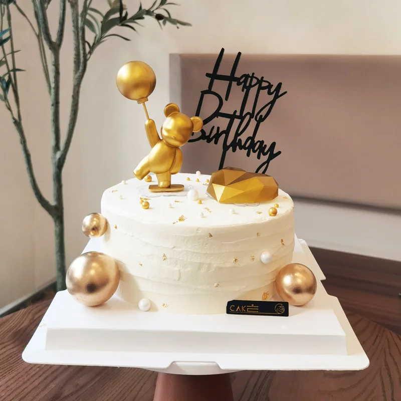 

Золотые, розовые, белые воздушные шары, медведь, Топпер для торта, украшение для торта, медведь любви, мягкая керамика, любовь, день рождения, ...