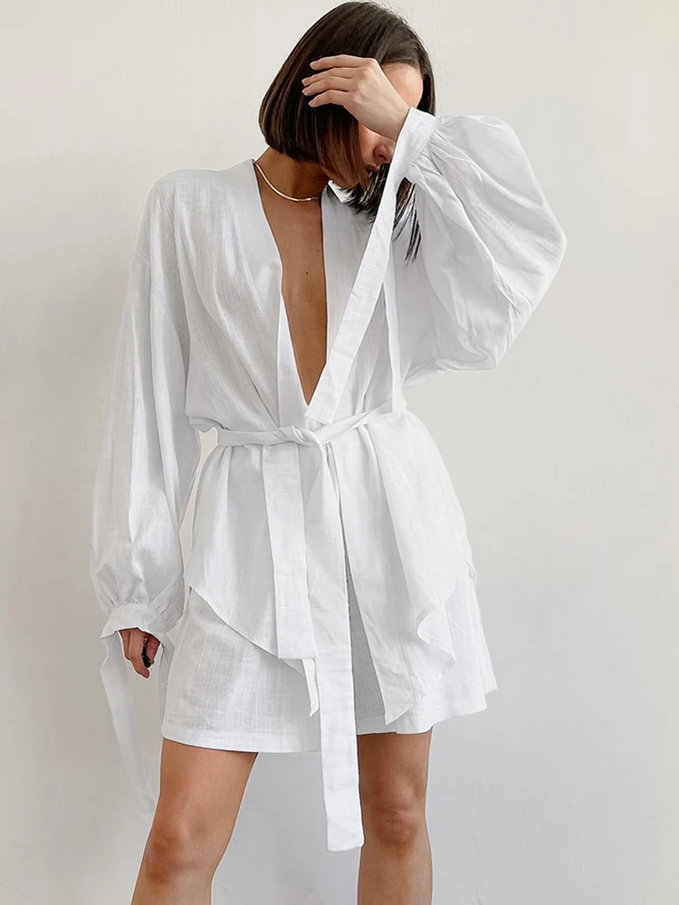 

Linad White Set Woman 2 Pieces Cotton Long Sleeve Sleepwear Sashes Female Casual Suits With Shorts Loose Nightwear Autumn 2022