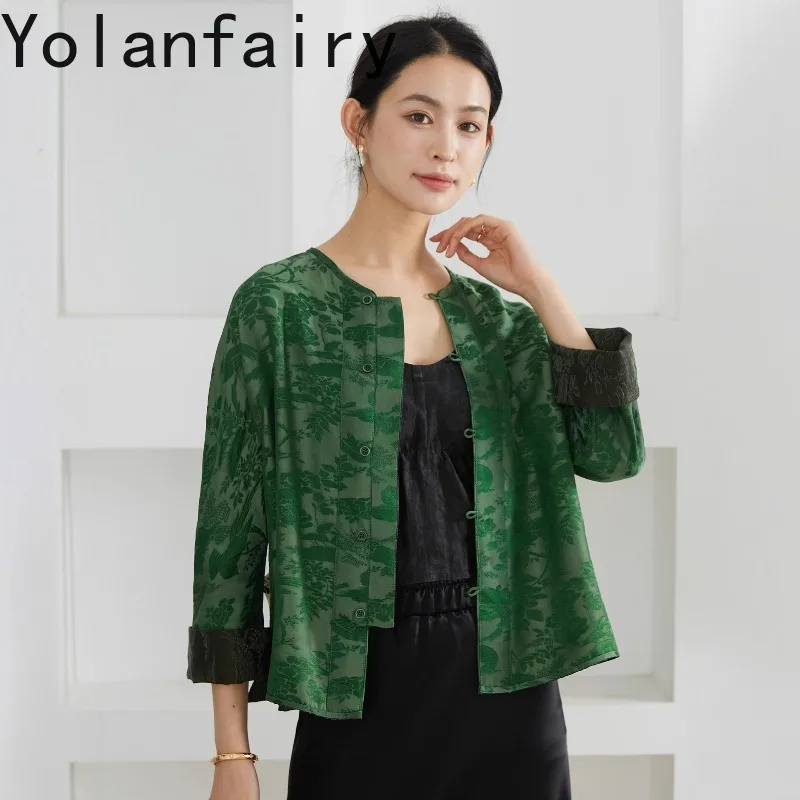 Фото YOLANFAIRY 40 Momme Жаккардовая двусторонняя куртка из гамбированных шелковых тканей для женщин, 30% шелковые рубашки и блузки из тутового шелка, элегантный топ 2026 №4