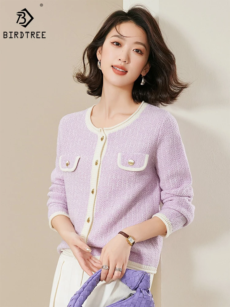 

Birdtree 100% Wool Cardigan Sweater Round Neck Long Sleeve Jacquard Warmth Comfort Skin-friendly Commute Knitwear Woman T30745QD