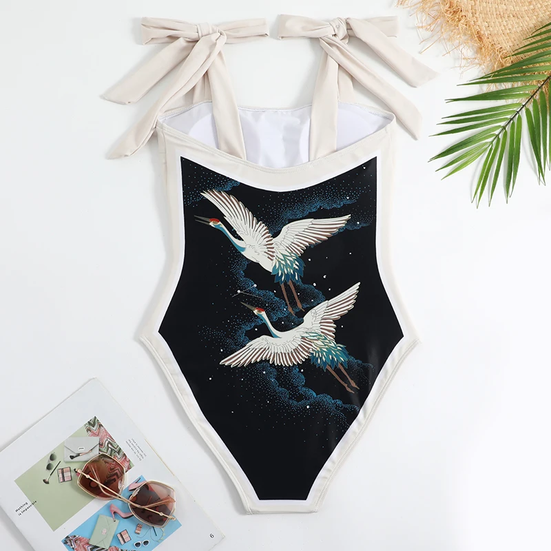 Lanswe Swimwear 2023 Women Bowknot Tie-Shoulder One Piece Swimsuits Cover Ups Crane Printed Women'S Bathing Suits Beachwear