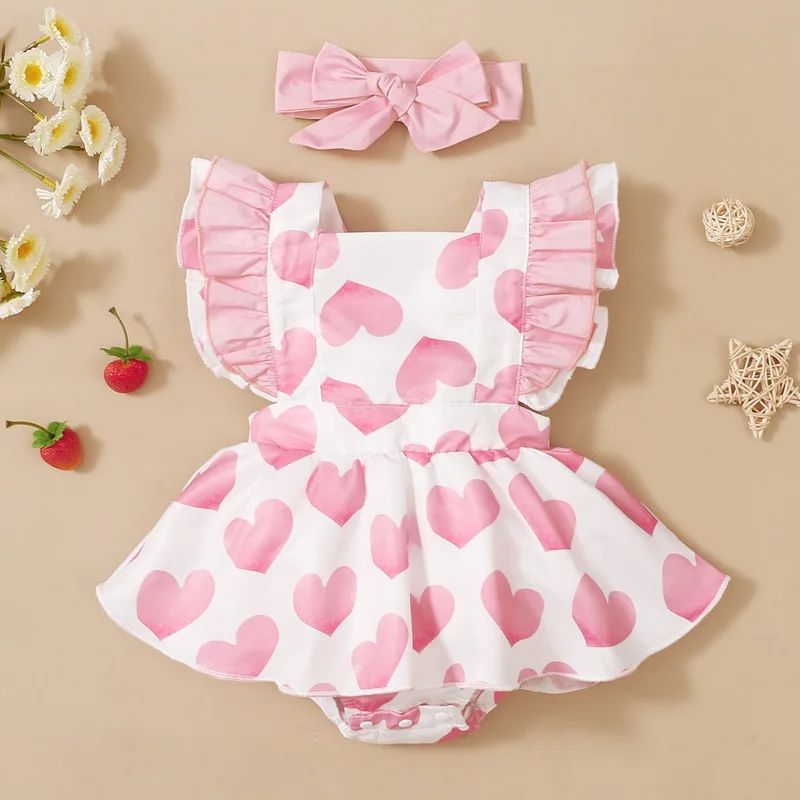 

0-18 Months Baby Girl Bodysuit Outfits Sleeveless Pink Heart Print Jumpsuits For Newborns Outfit Sunsuit Summer Girls Bodysuit
