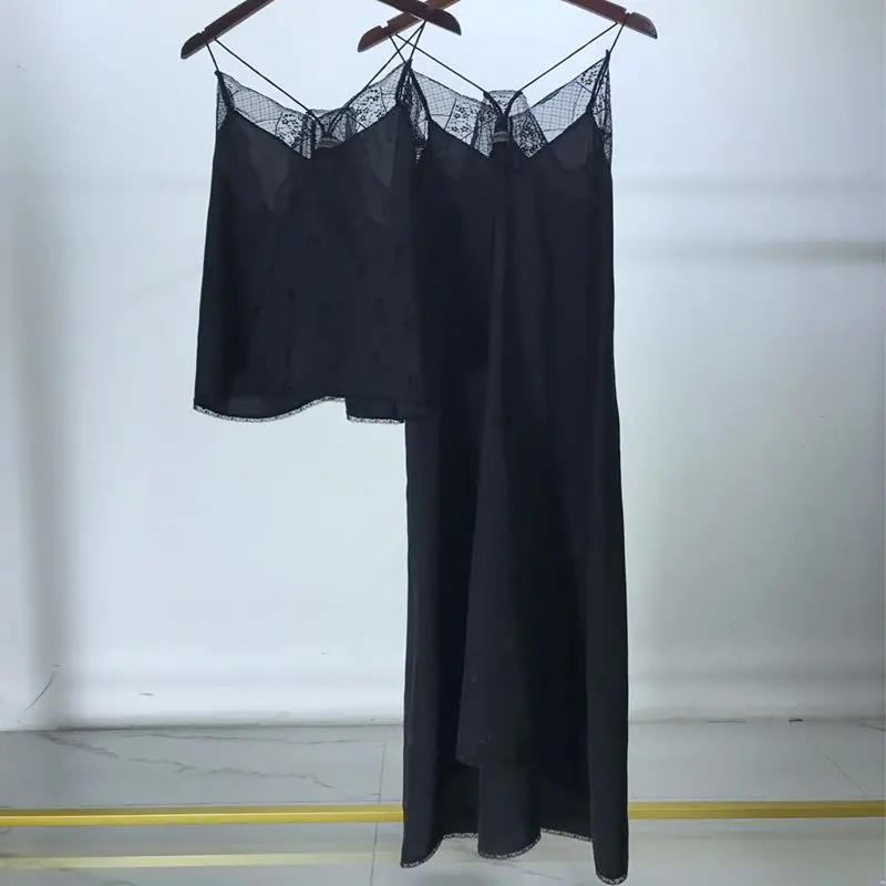 

2022 summer new young women sexy simple lace stitching black silk jacquard suspender skirt + lace suspender top
