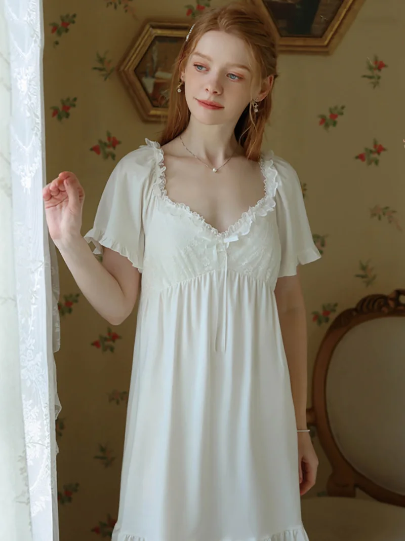 Women Summer Cotton Pajamas Nightdress French Fairy Short Sleeve V-neck Sweet Ruffles Princess Vintage Loose Victorian Sleepwear