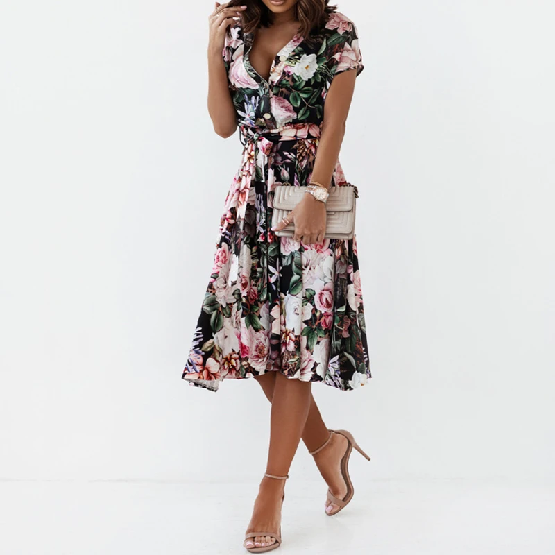 

Женское Повседневное платье-трапеция средней длины, элегантное пляжное платье с цветочным принтом, V-образным вырезом, высокой талией и кор...