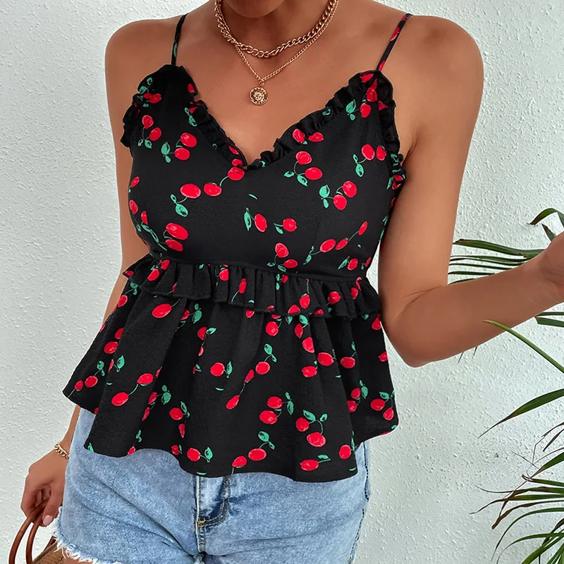 

Tank Top Women 2022 Spring and Summer New Women's Clothing Cinched Sleeveless Top Cherry Print Black Camisole
