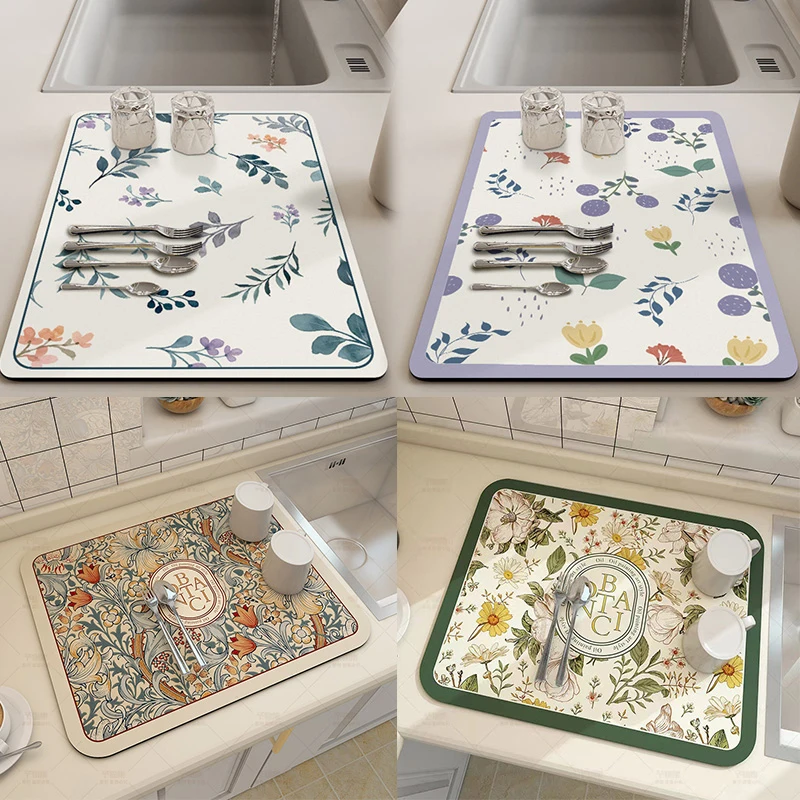 

Printed Dish Drying Mat Super Absorbent Coffee Drain Pad Tableware Draining Pad Rug Kitchen Dinnerware Placemat Technology Cloth