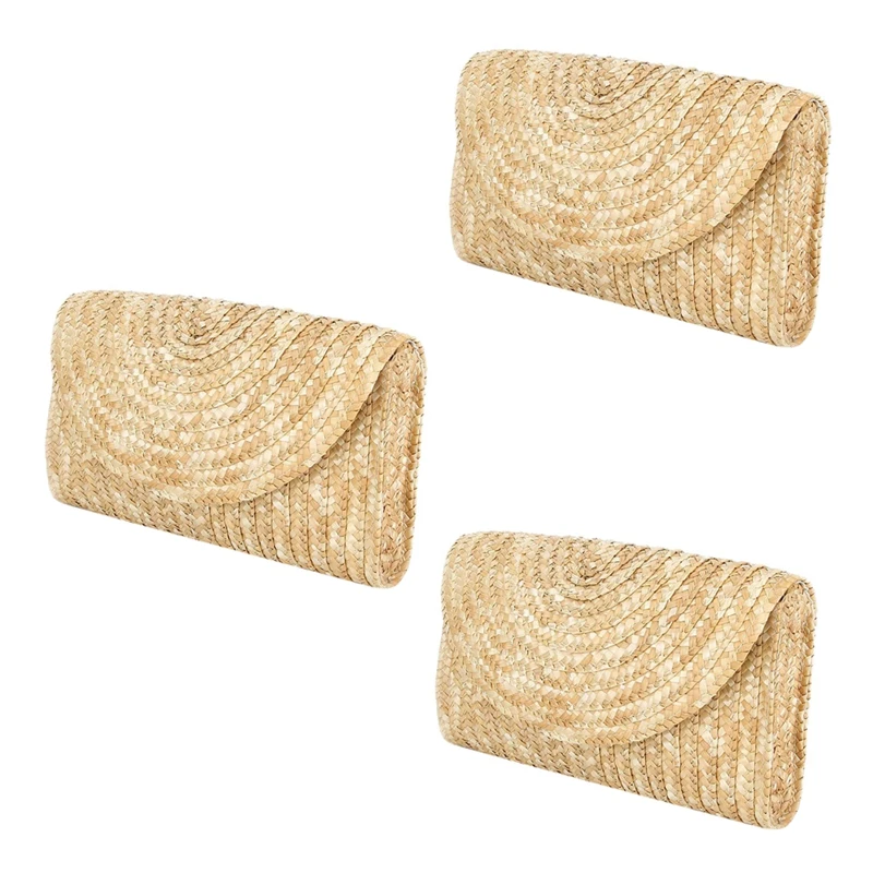 

3X Straw Clutch Purses For Women Summer Beach Handbags, Wedding Envelope Wallet Color: Brown