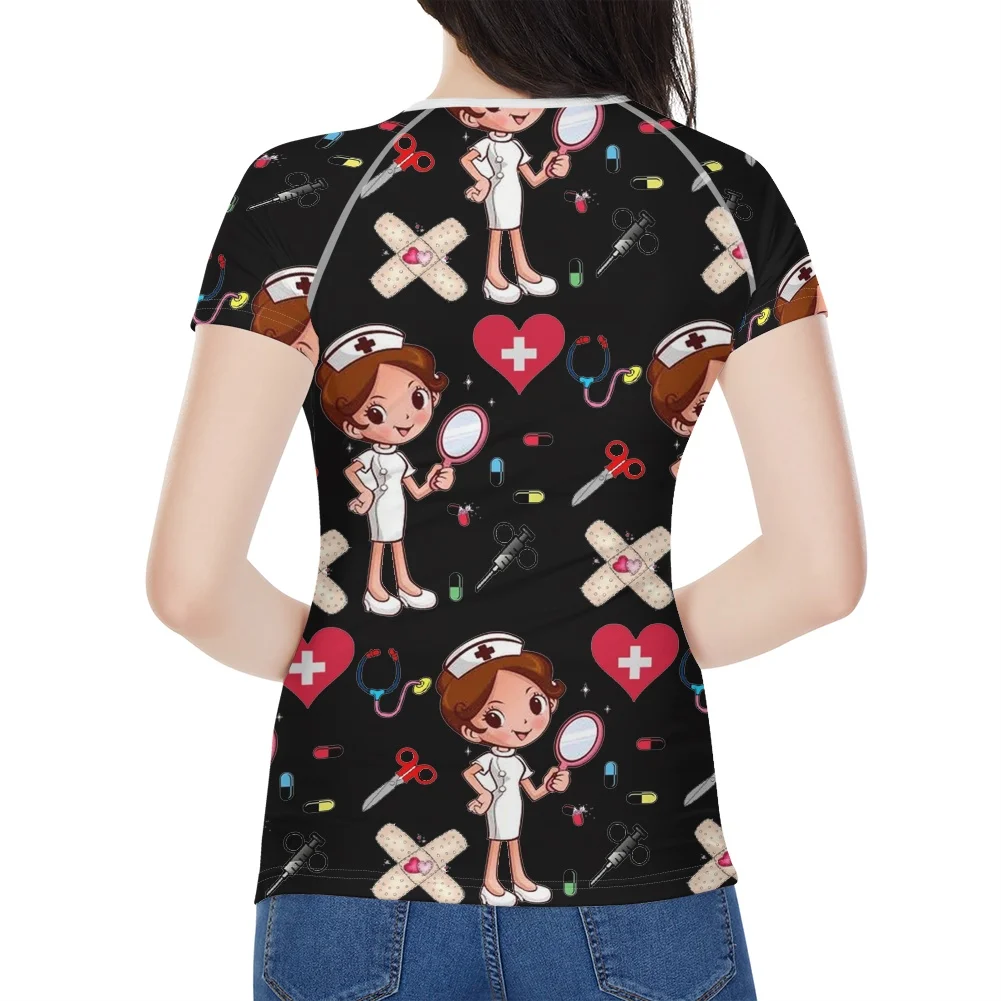 FORUDESIGNS O-neck Cotton Summer Female Slim Tops Cute White Dress Nurse Cartoon Print Black Tshirts Harakuju Women T-Shirts Tee
