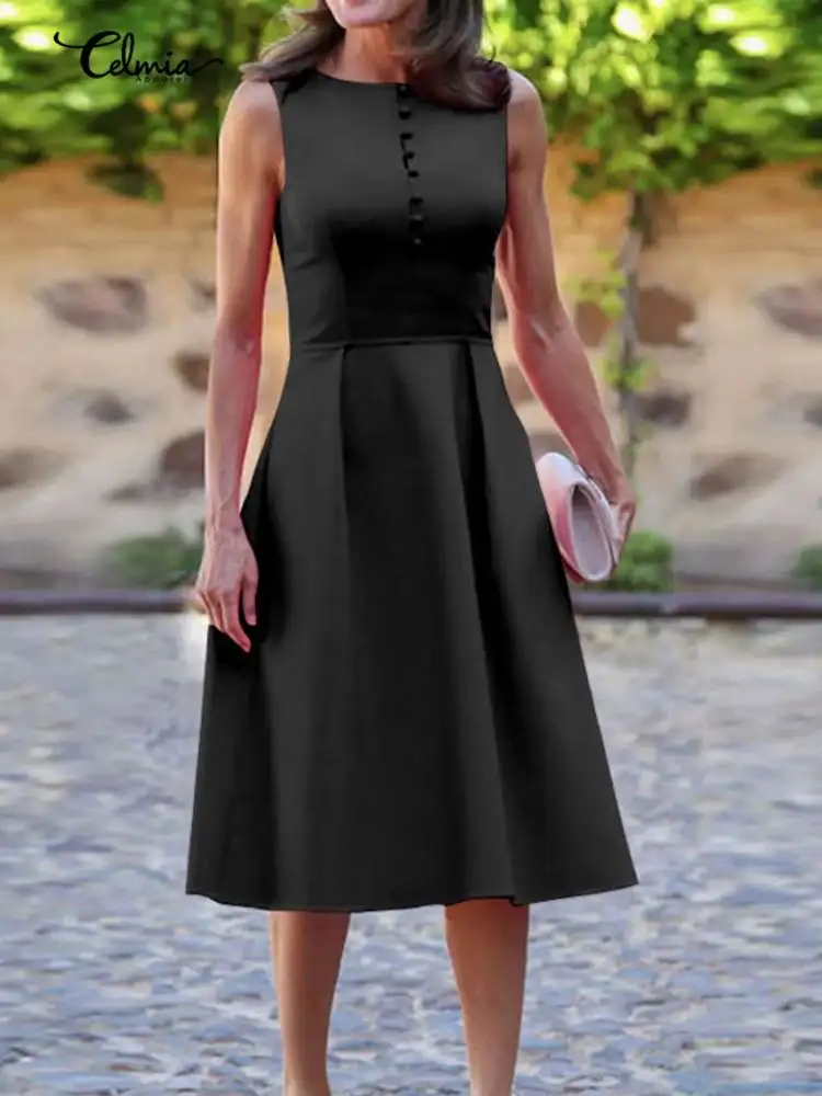 

Винтажное длинное платье Celmia с круглым вырезом, облегающее модное вечернее платье для отдыха, плиссированное летнее женское платье миди с п...