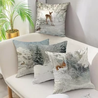 merry christmas pillow case xmas deer in snow forest picture cushion cover for home sofa decor short plush pillowcases