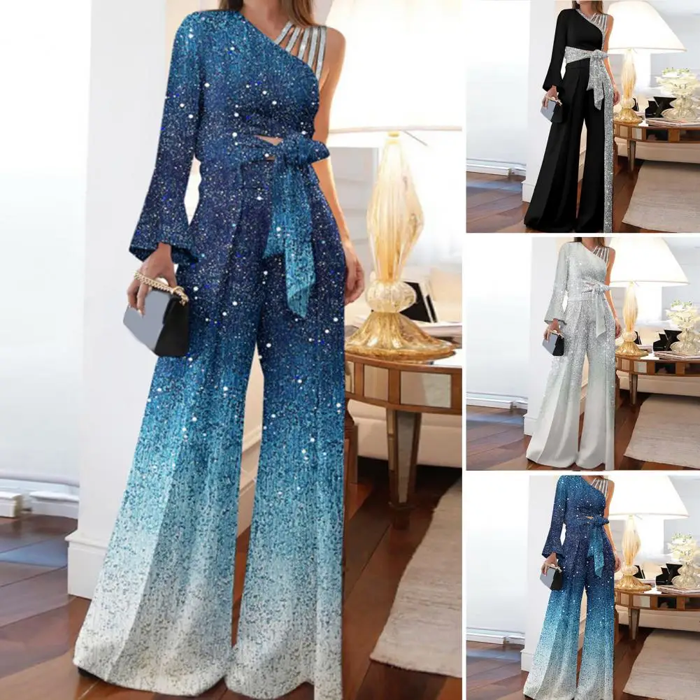 

2Pcs/Set Stylish One Shoulder Fashion Charming Blouse Pants Suit Skin-touching Women Outfit V-neck for Daily Wear