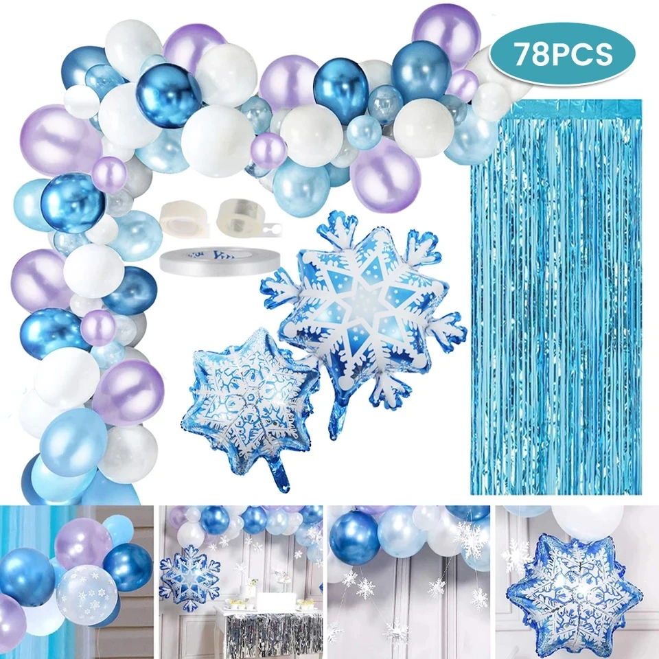 

78pcs Snow Theme Christmas Venue Decoration Balloon Set Garland Arch Kit Snowflake Metal Blue White Frozen Balloon Package