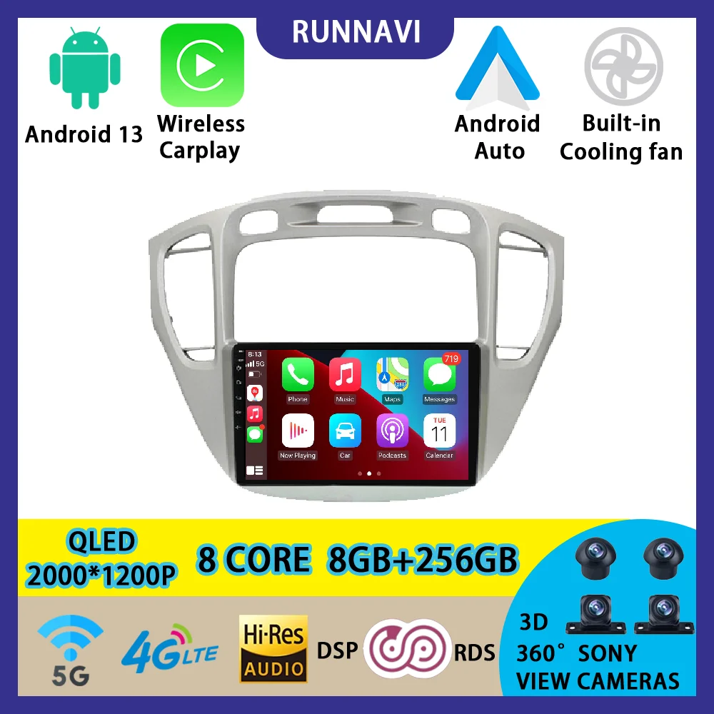 

Android 13 For Toyota Highlander Kluger 2001-2007 Car Radio Stereo Multimedia Video Player GPS Wireless Carplay RDS DSP QLED