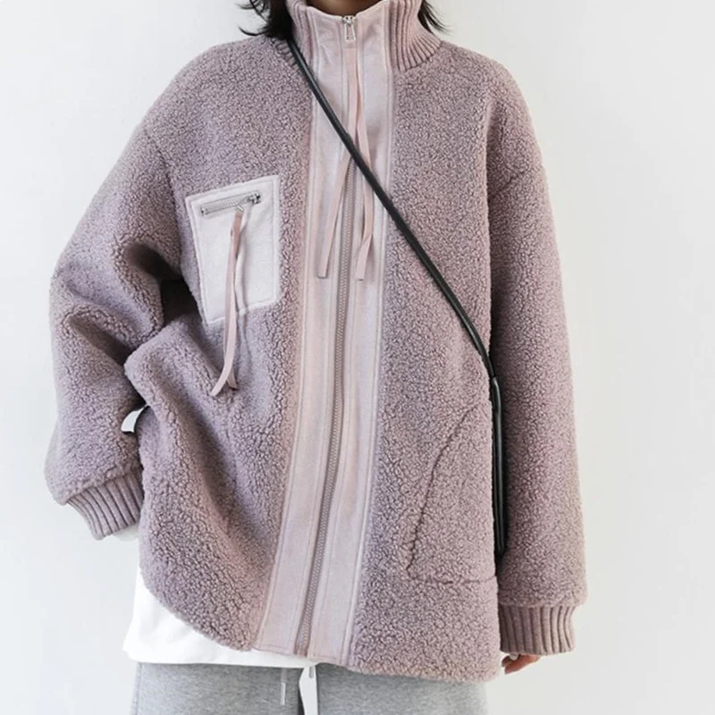 Chicven autumn and winter Korean version stand lamb wool coat cotton coat granular cashmere wind warm locomotive suit women