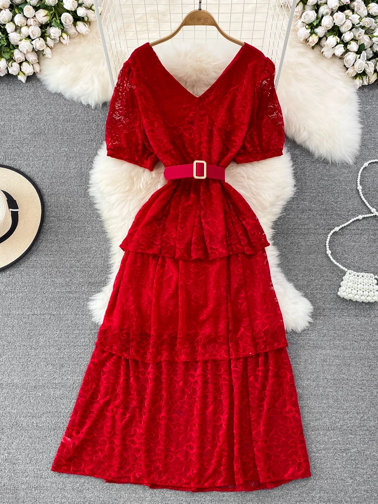 

Summer Women Tierred Lace Long Dress Vintage V-Neck Short Puff Sleeve High Waist Cascading Ruffle Vestidos Female New Fashion
