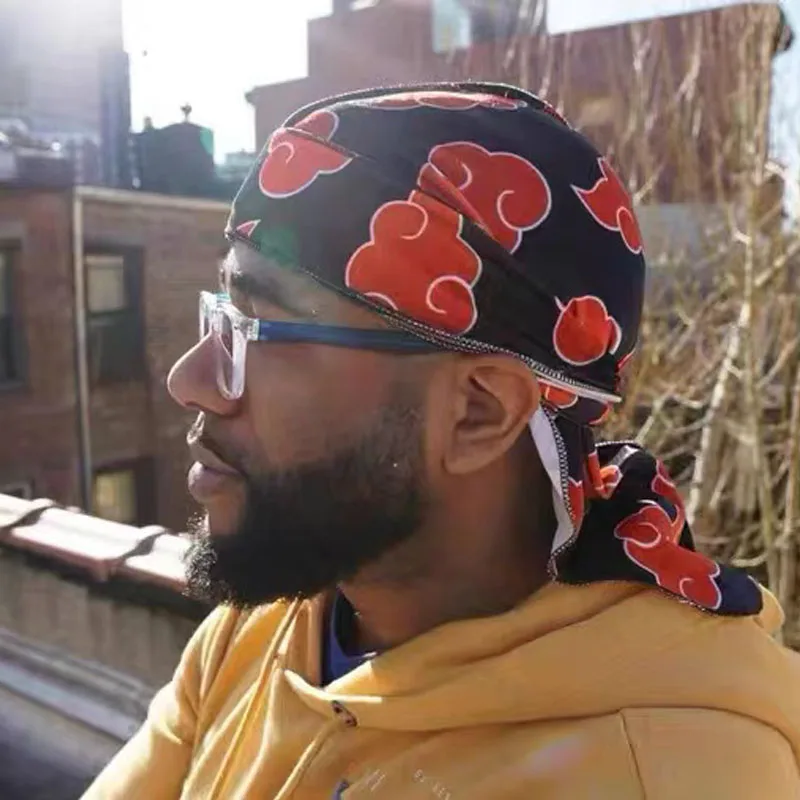 

Durags For Men Silk Cap Black Waves Man Hat Turban Hip Hop Bonnet With Strap Headband Head Wrap Long Bandana Durag Free Shipping