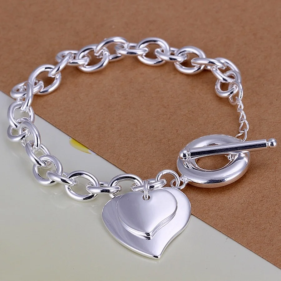 

Модный дизайн высокого качества цвет серебряные ювелирные изделия двойное сердце браслеты цепи для женщин Свадьба 8 дюймов милые подарки