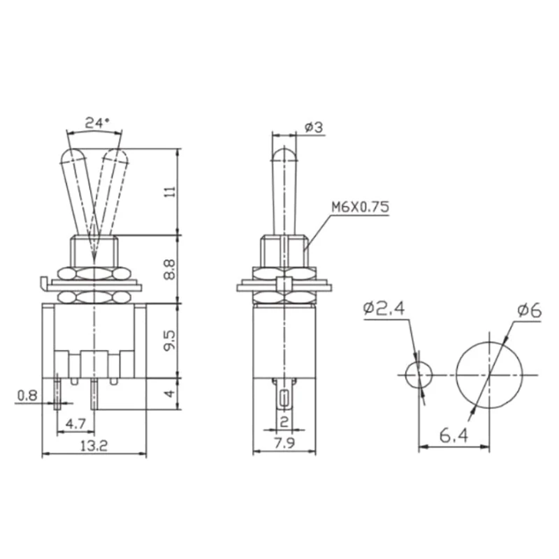 1 шт. Φ 2-контактный переключатель SPST ВКЛ-ВЫКЛ 2-позиционный AC125V/6A 250V/3A 6 мм синие