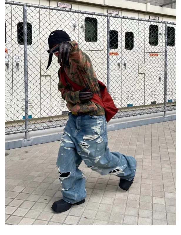 New Pants for Men High Street Knife Cut Damaged Trendy Brand Washed Old Trendy Brand VIBE Straight Leg Wide Leg Mens Jeans
