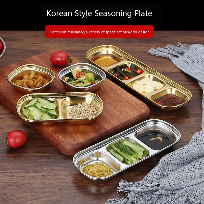1/2/3/4 Grids Korean Flavor Plate Hot Pot Sauce Seasoning Plate Golden Dip Plate Barbecue Tableware Restaurant Home Supplies