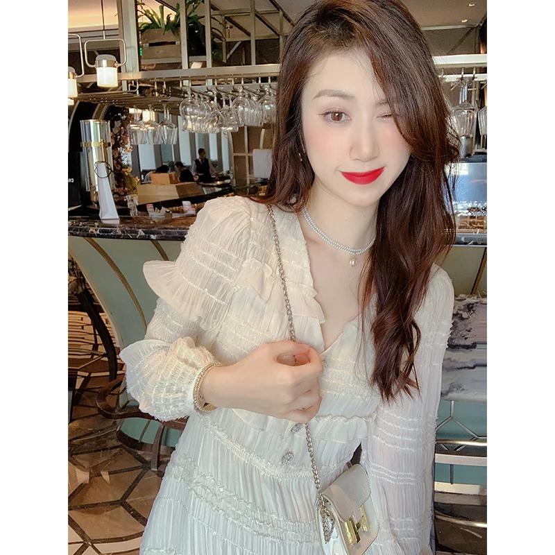 

Elegant Women Dress White Long Sleeve Office Ladies Vintage Casual V-Necked New Korean Fashion Aesthetic Party Women Mini Dress