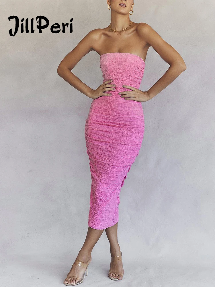 

JillPeri Strapless Pink Ruched Midi Dress Women Sexy Bodycon Pleated Stretchy Robe Rosy One Piece Party Ladies Elegant Dress