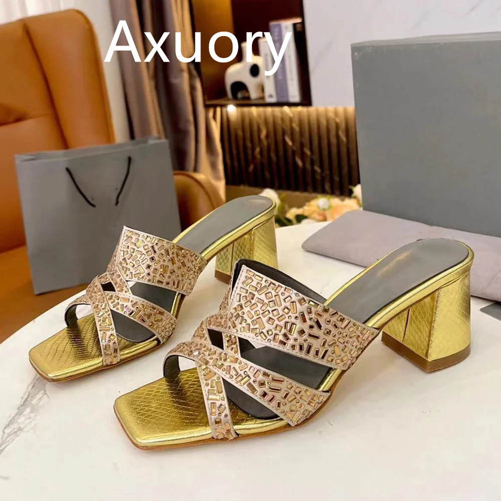 2023 Women's high heels Slippers Shoe fashion Diamond embellishments Luxury Design Diamond Inlay Genuine Leather thick heel