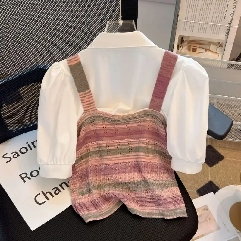 Новинка лета усовершенствованная имитация двух частей Вязаные Рубашки на