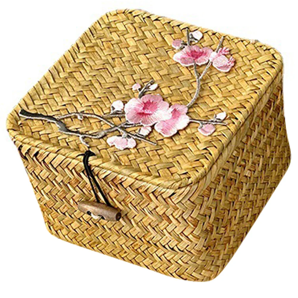 

Woven Sundries Basket with Lid Straw Woven Baskets Cosmetics Storage Basket Home Decor