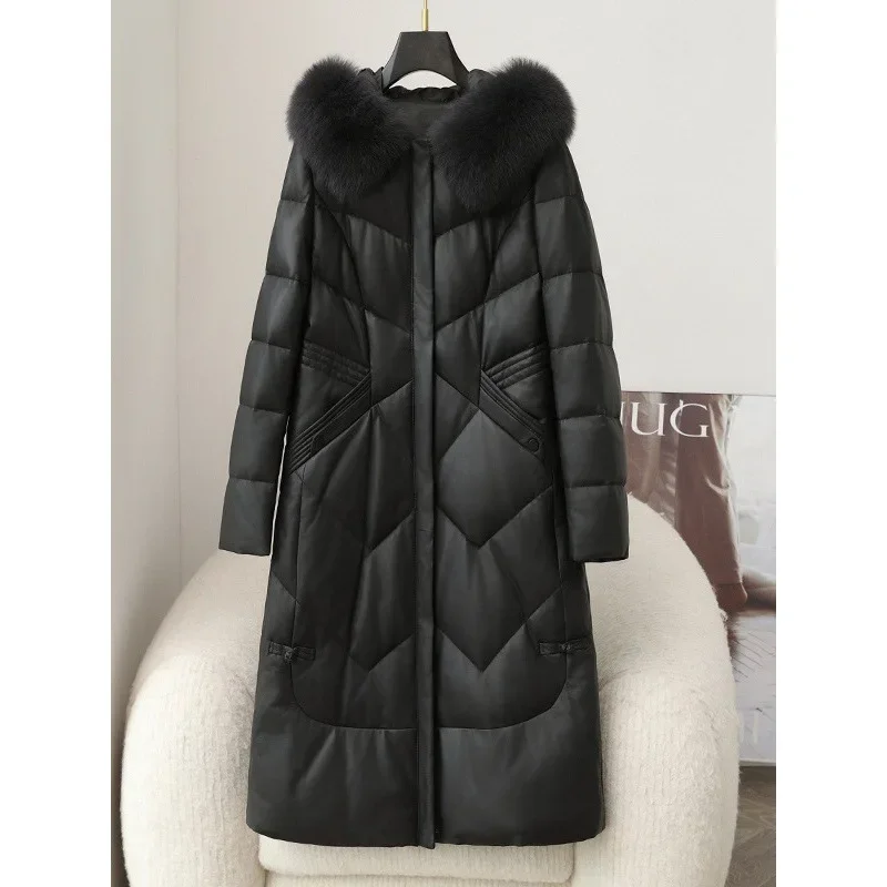 Новинка Зима 2024 женский длинный пуховик кожаная куртка с воротником из лисьего