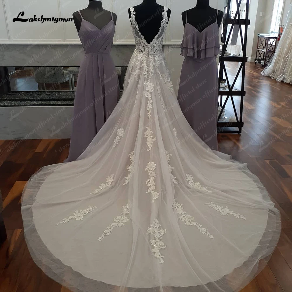 

Lakshmigown Boho Wedding Dress for Women 2024 Backless Lace Beach Bridal Gown Lace Appliques Court Train Vestidos de Nova