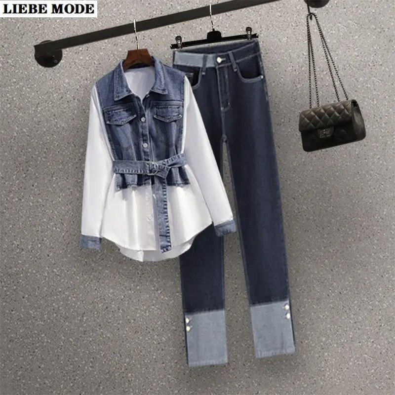 

Korean Street Style Elegant Women's Pants Set Fashion Patchwork Denim Shirt Blue Jeans Wide Leg Trousers Two-piece Set Famele