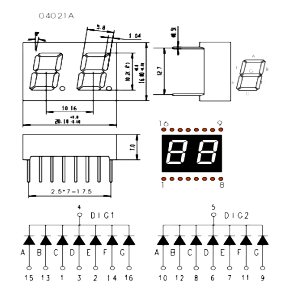 10 шт. 4021AH 4021AB 4021AG 4021AW 0,4-дюймовый двухразрядный семисегментный светодиодный дисплей с общим катодом, 16-контактный, красный, синий, зеленый, белый (art.: 3920d84dc2eb7) - 3920d84dc2eb7