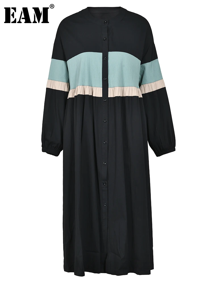 

Женское платье-рубашка EAM, черное платье-миди большого размера с воротником-стойкой и длинными рукавами, весна-осень 2023, 1DH040801