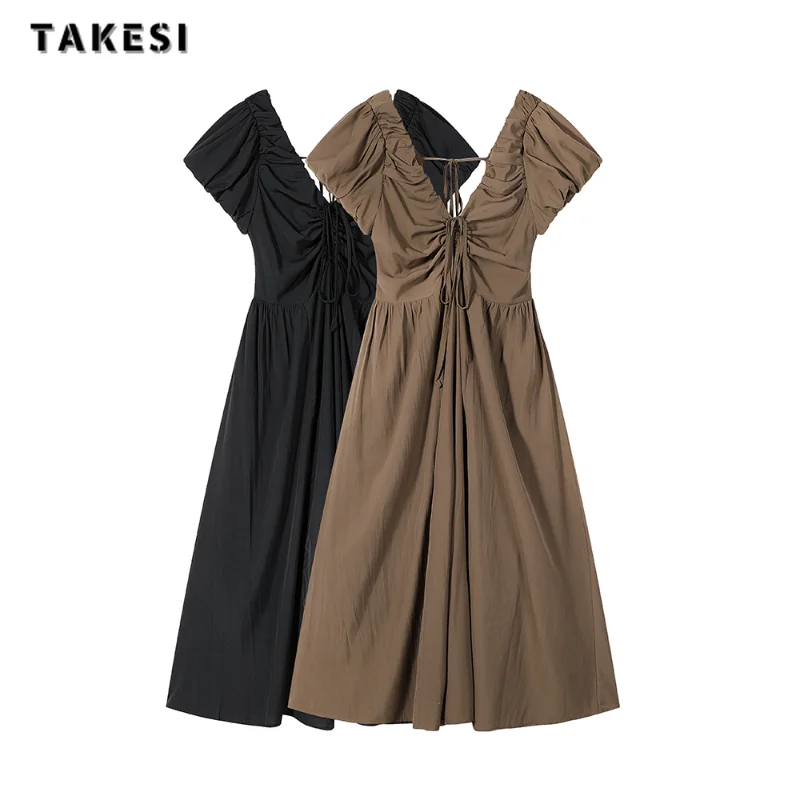

2023 Summer Vintage Short Sleeve V-neck Solid Color Lace-up Dresses Women's Elegant Casual Office Lady A-Line Folds Dress