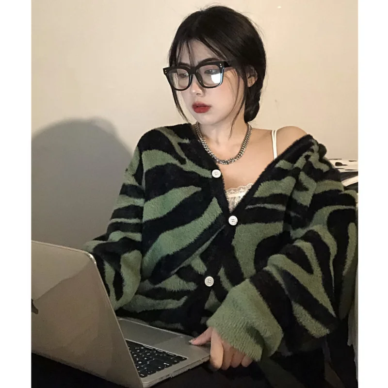 

Women Cardigan Zebra Pattern V-neck Loose Casual All-match Single Breasted Knitted Sweater Korean Fashion Outwear Pull Femme Top