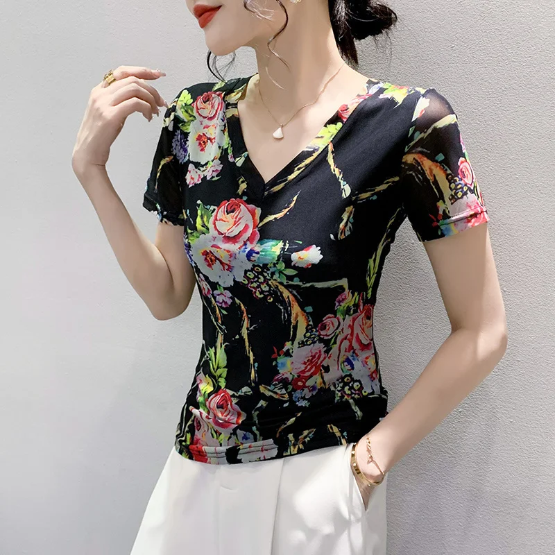 # 5764 Черная сетчатая футболка женская с 3D цветочным принтом коротким рукавом