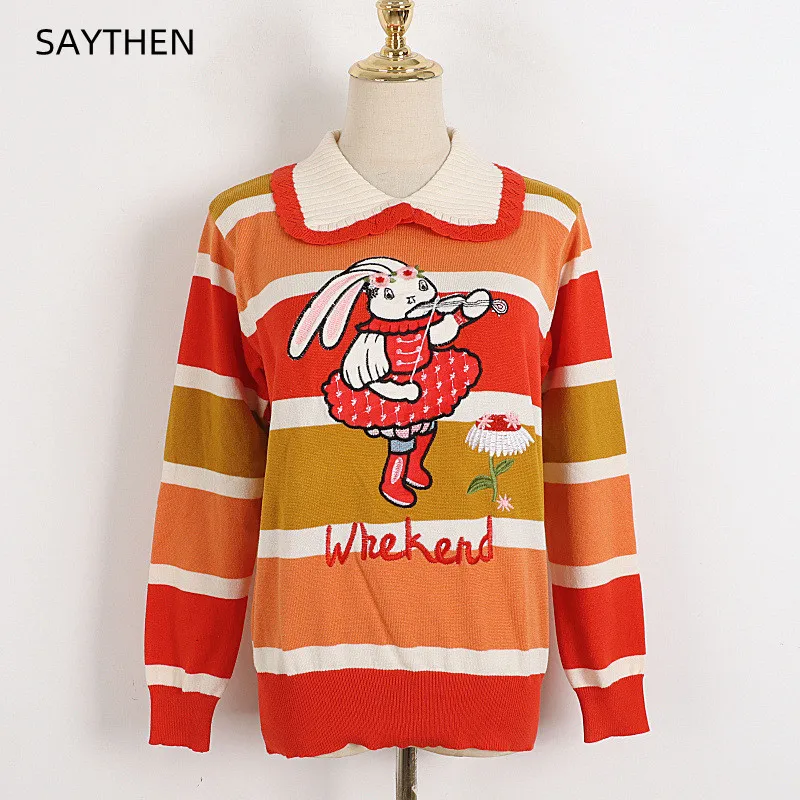 SAYTHEN Female Orange Color Doll Collar Striped Knit Autumn Winter 2022 Embroidered Rabbit Flower Patchwork Sweater Top ST221011