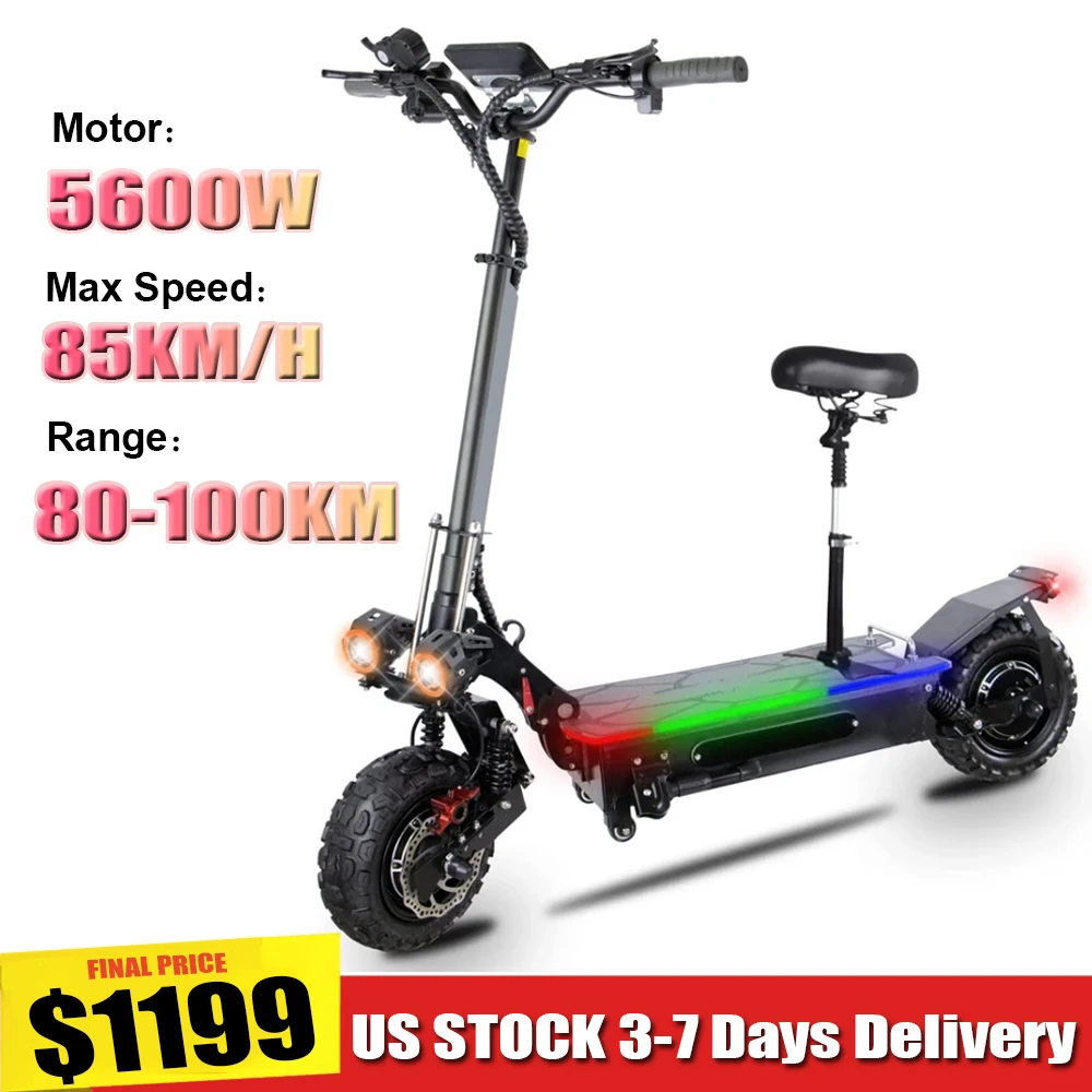 

Powerful Electric Scooter 5600W Dual Motor Max Speed 80km/h 60V 27AH Battery 11inch Off-road Tires Folding E-Scooter for Adults