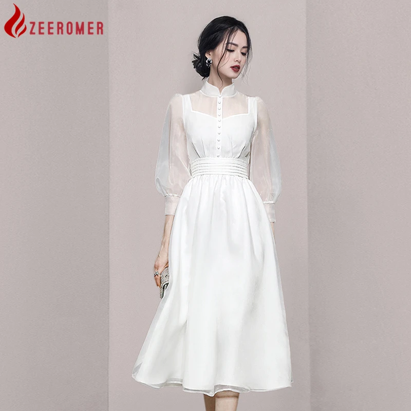 

2022 New White Lantern Sleeve Retro Palace Cheongsam Stand Collar Party Dress High-End Organza French Elegant Fashion Gown Dress