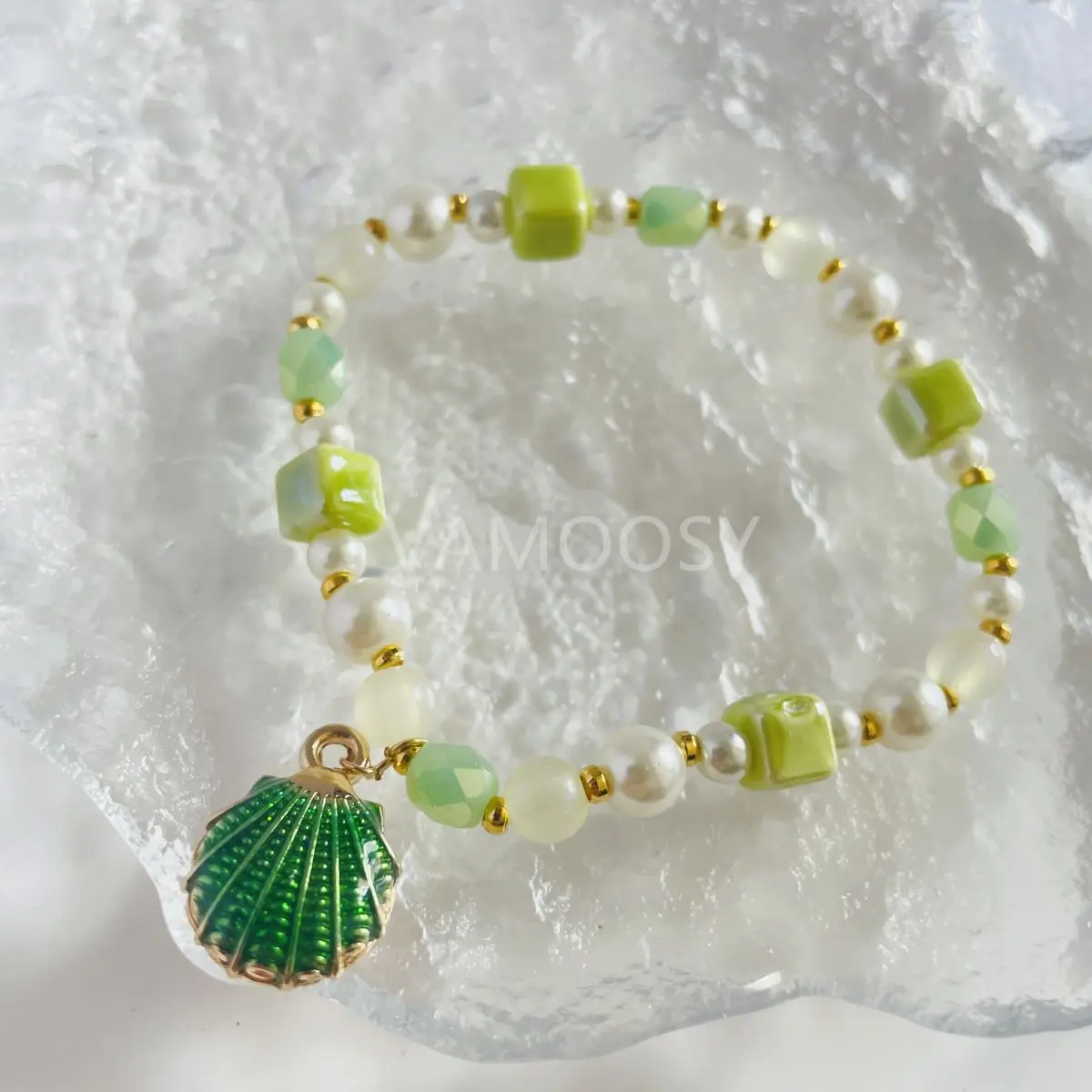 

Enamel Shell Pearl Ceramic Glass Green Beaded Bracelet for Women Designer Original Luxury Elastic Charm Bangle Y2K Hand Jewelry